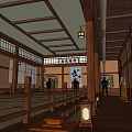 Traditional Cultural Center Interior With Wooden Structure Tatami Lanterns And Calligraphy Scrolls