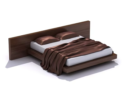 Modern Minimalist Double Bed With Wooden Headboard White Mattress Brown Pillows And Blanket 3d model