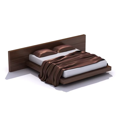 Modern Minimalist Double Bed With Wooden Headboard White Mattress Brown Pillows And Blanket 3d model