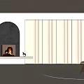 Modern Interior With Black Arch Fireplace Burning Fire White Paneled Walls And Wooden Chair