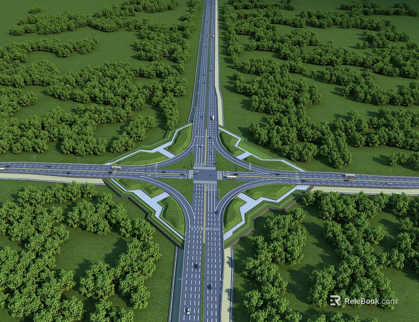 Multi Lane Road Interchange With Green Vegetation And Surrounding Trees 3d model