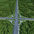 Multi Lane Road Interchange With Green Vegetation And Surrounding Trees 3d model