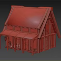 Cartoon Style Wooden Cottage With Tiled Roof And Wooden Awnings Windows And Potted Plants