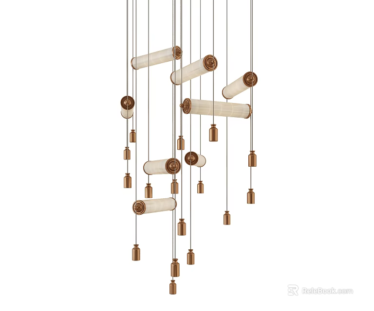 Contemporary Modern Chandelier With Wooden Cylindrical Tubes And Metal Hanging Accents 3d model 