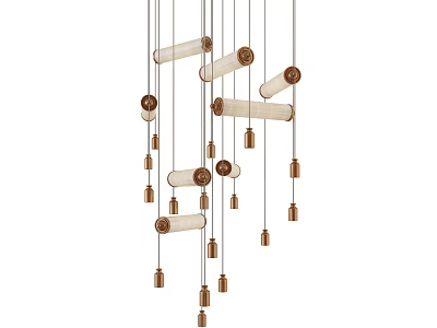 Contemporary Modern Chandelier With Wooden Cylindrical Tubes And Metal Hanging Accents 3d model