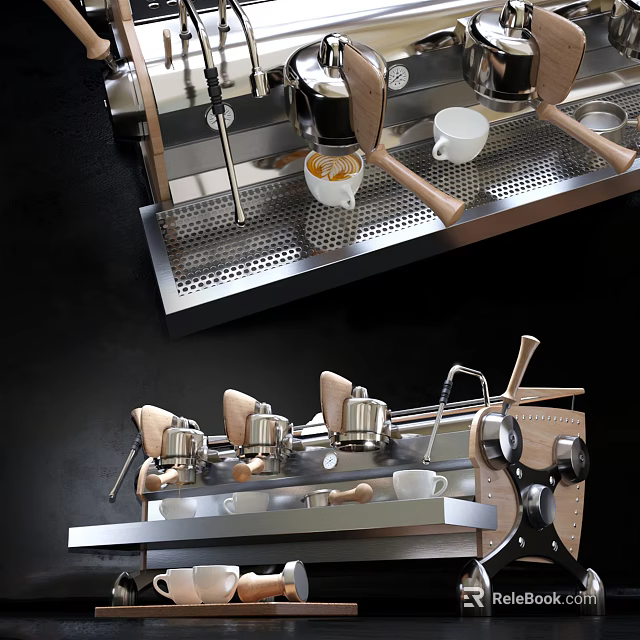 Modern Sleek Espresso Coffee Machine Kitchen Appliance Featuring Stainless Steel Body And Wooden Handles 3d model 