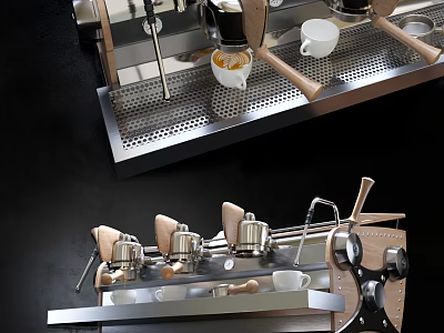 Modern Sleek Espresso Coffee Machine Kitchen Appliance Featuring Stainless Steel Body And Wooden Handles 3d model
