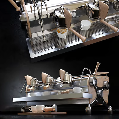 Modern Sleek Espresso Coffee Machine Kitchen Appliance Featuring Stainless Steel Body And Wooden Handles 3d model