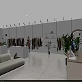 Modern Clothing Store with Hanging Clothes Mannequins Display Counters Bags and Green Plants