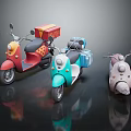 Three Colorful Delivery Scooters With Red Blue Gray Boxes On Black Reflective Surface