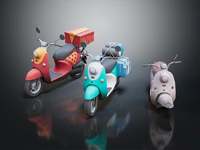 Three Colorful Delivery Scooters With Red Blue Gray Boxes On Black Reflective Surface 3d model