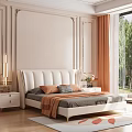 White Upholstered Double Bed With Gray Bedspread Orange Cushion Patterned Pillow And Nightstands
