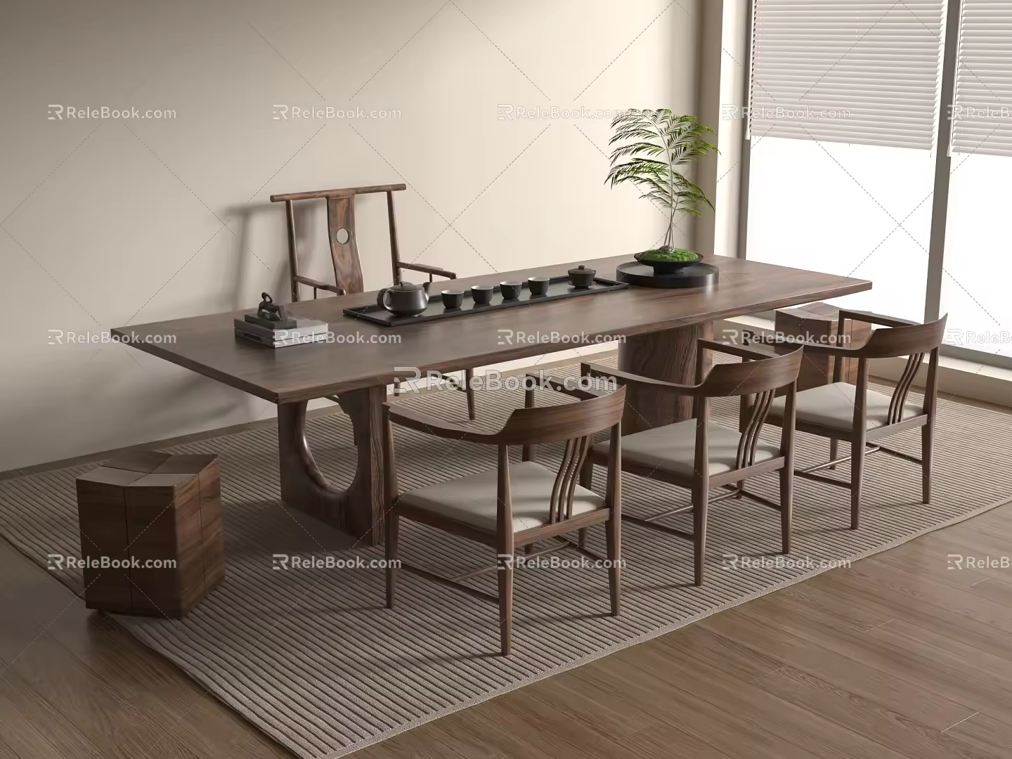 New Chinese Middle Ancient Tea Table and Chair Solid Wood Tea Table and Chair Combination Large Board Table and Tea Table 3d model