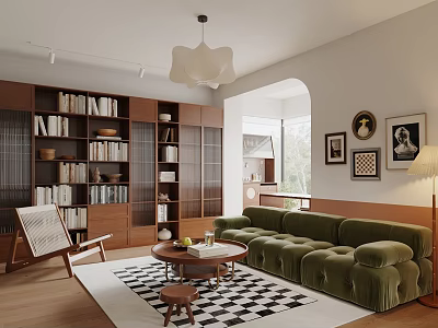 Modern Living Dining Room Interior With Green Velvet Sofa Wooden Bookshelves Black White Rug 3d model