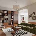 Modern Living Dining Room Interior With Green Velvet Sofa Wooden Bookshelves Black White Rug