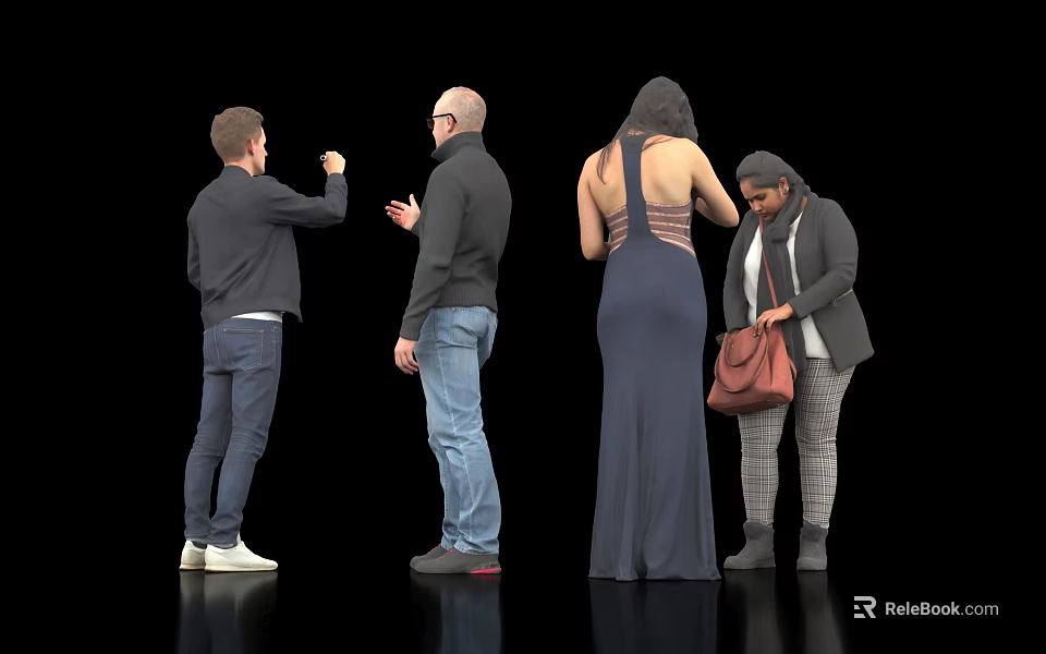 Group of Four People Standing in Back View Interacting on Black Background with Various Outfits 3d model 