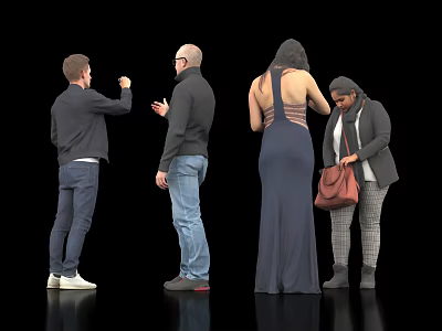 Group of Four People Standing in Back View Interacting on Black Background with Various Outfits 3d model
