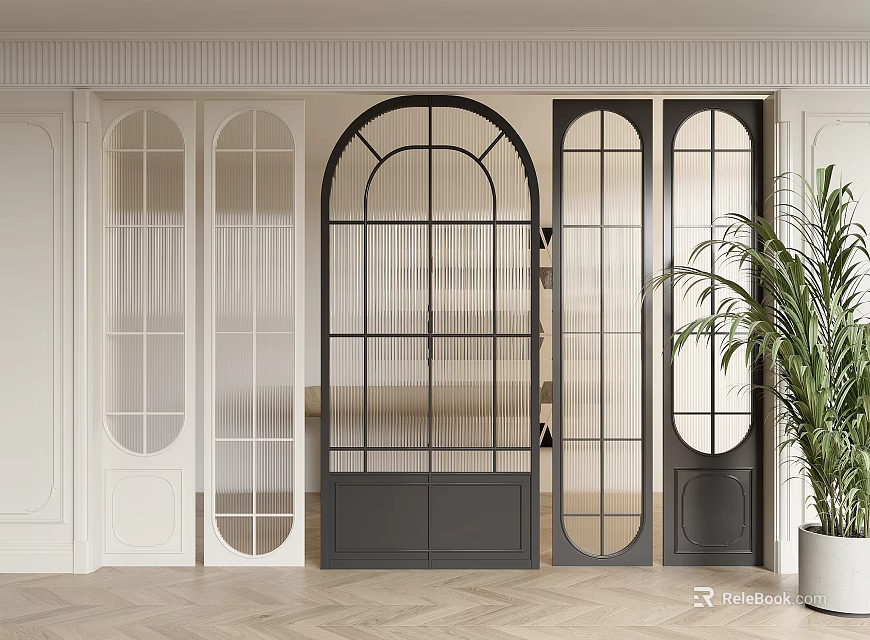 Modern Interior With White Black Glass Partition Doors Arched Design Herringbone Flooring And Potted Plant 3d model 