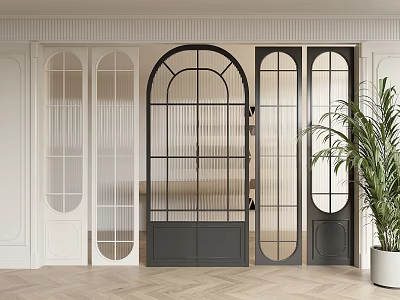 Modern Interior With White Black Glass Partition Doors Arched Design Herringbone Flooring And Potted Plant 3d model