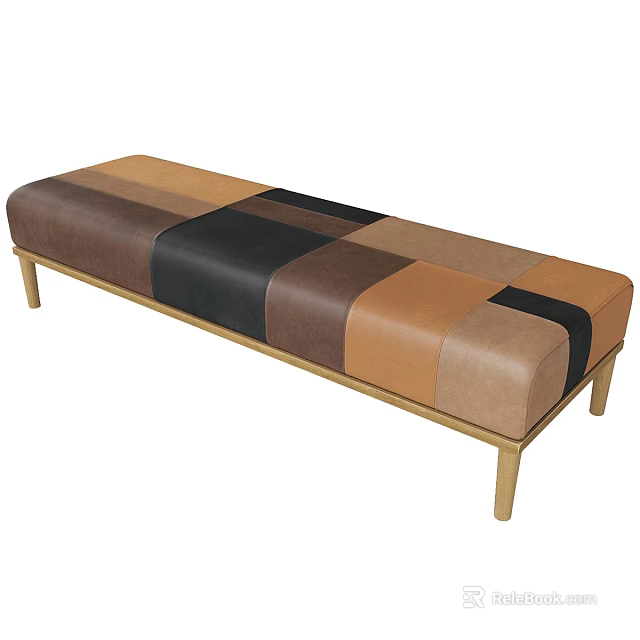 Modern Patchwork Leather Bench With Mixed Colors And Sleek Wooden Legs 3d model