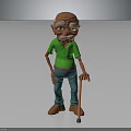 Elderly Man Character in Green Polo Shirt and Blue Pants with Walking Cane