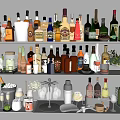 Various Types of Wine Bottles and Wine Glasses Displayed on Shelves with Bar Tools