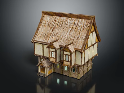 Traditional European Building With Two Story Design Thatched Roof And Timber Frame 3d model