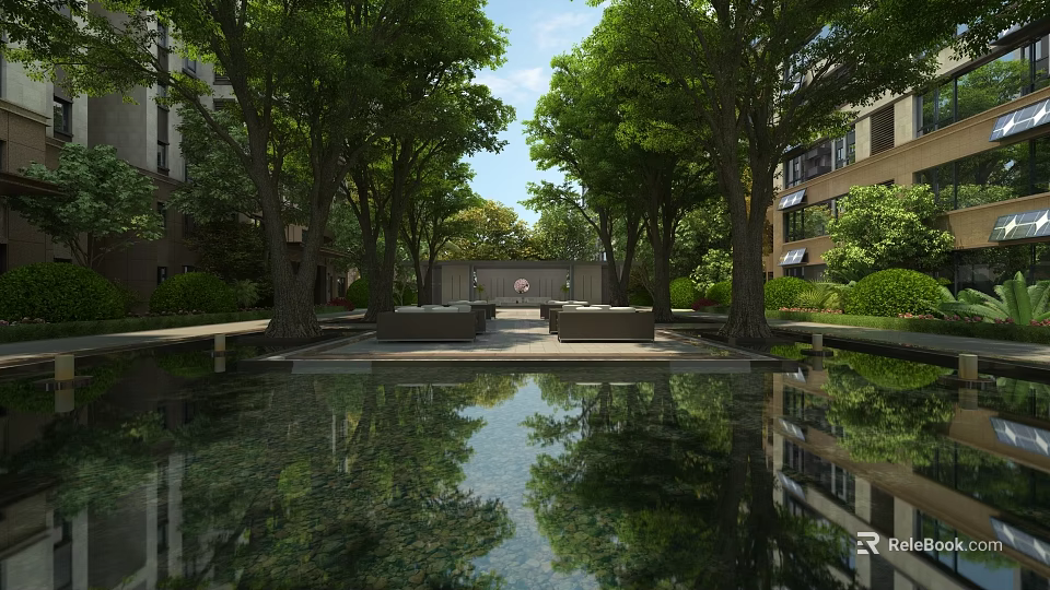 Tranquil Water Fountain In Courtyard With Green Trees And Building Reflections 3d model 