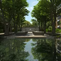 Tranquil Water Fountain In Courtyard With Green Trees And Building Reflections