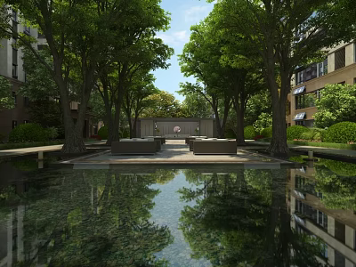 Tranquil Water Fountain In Courtyard With Green Trees And Building Reflections 3d model