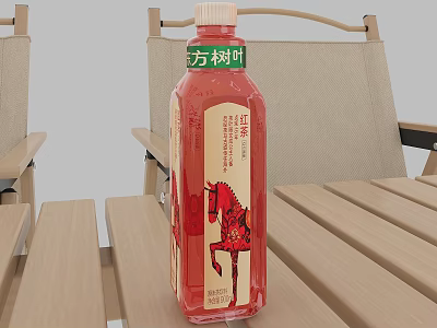 Square Bottle Leaf Black Tea in Red Bottle with Horse Design on Outdoor Wooden Table 3d model