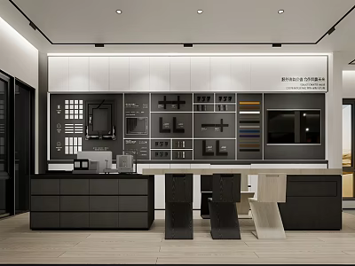 Modern Kitchen Cabinet Exhibition Space with Appliances Material Samples White Cabinets and Tables 3d model