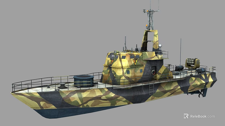 Camouflage Military Patrol Vessel With Superstructure Antenna Railing And Hull Design 3d model 