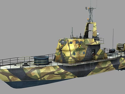 Camouflage Military Patrol Vessel With Superstructure Antenna Railing And Hull Design 3d model