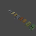 Various Military Vehicle Models in Different Colors Lined Up on Gray Background