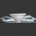 Cartoon Scene of Futuristic White Blue Spaceship With Streamlined Design and Circular Center