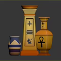 Egyptian Inspired Gold Decorative Ornament Set With Ankh Symbol And Striped Vase Accents