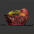 Fresh Assorted Fruits in Red Wicker Basket with Bananas Pears Apples Pomegranate on Colorful Mat