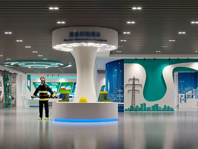 Interactive Safety Experience Hall With Firefighter Model And Modern Exhibition Booth 3d model