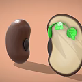 Whole Brown Bean and Split Germinating Bean with White Interior Green Sprout and Leaves