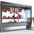 Retail Store Display Shelf With Glass Front Showing Meat Products And Chalkboard