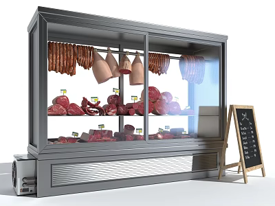 Retail Store Display Shelf With Glass Front Showing Meat Products And Chalkboard 3d model