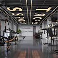 Modern Fitness Gym Interior Featuring Workout Equipment Ceiling Lights And Flooring Markings