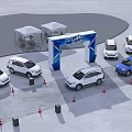 Smart Driving Experience Event With Blue Archway And Multiple Vehicles 3d model