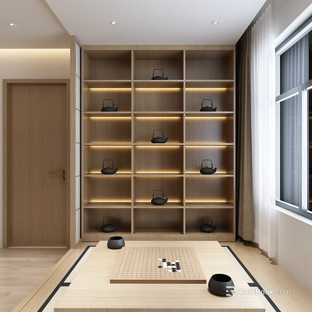 Minimalist Tea Room Interior With Wooden Shelves Black Tea Sets Warm Lighting And Go Board 3d model 