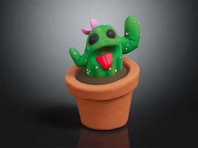 Green Cactus With Black Eyes Sticking Out Tongue And Pink Flower In Brown Clay Pot 3d model
