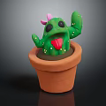 Green Cactus With Black Eyes Sticking Out Tongue And Pink Flower In Brown Clay Pot