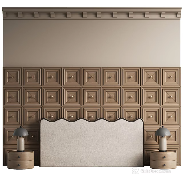 Stylish Bed Background Wall With Wooden Square Panel Design And Beige Upholstered Headboard 3d model 