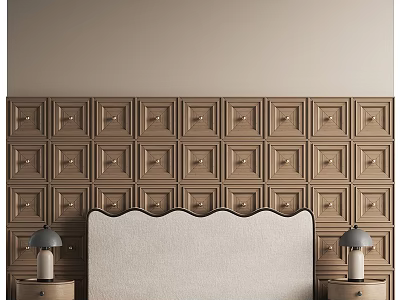 Stylish Bed Background Wall With Wooden Square Panel Design And Beige Upholstered Headboard 3d model