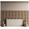 Stylish Bed Background Wall With Wooden Square Panel Design And Beige Upholstered Headboard